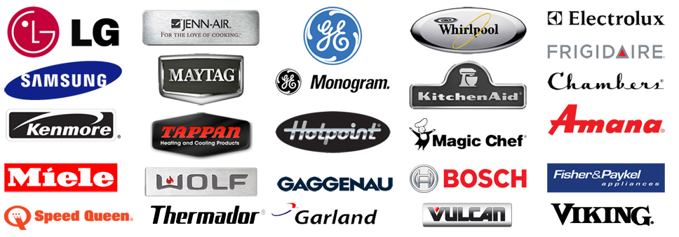 A collection of popular appliance brand logos including LG, Jenn-Air, GE, Whirlpool, Electrolux, Frigidaire, Samsung, Maytag, GE Monogram, KitchenAid, Chambers, Kenmore, Tappan, Hotpoint, Magic Chef, Amana, Miele, Wolf, Gaggenau, Bosch, Fisher & Paykel, Speed Queen, Thermador, Garland, Vulcan, and Viking.