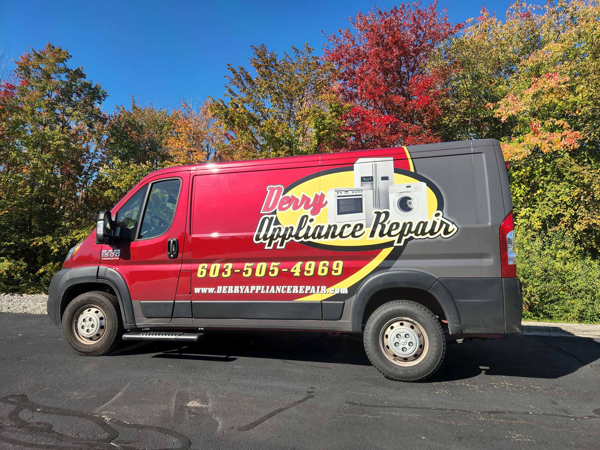Photo of the Derry Appliance Repair van on a sunny fall day