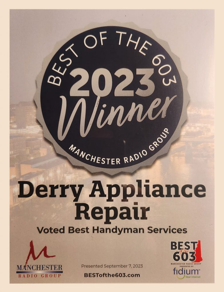 Award received by Derry Appliance Repair, naming them the Best Handyman Service of 2023. Awarded by the Manchester Radio Group.