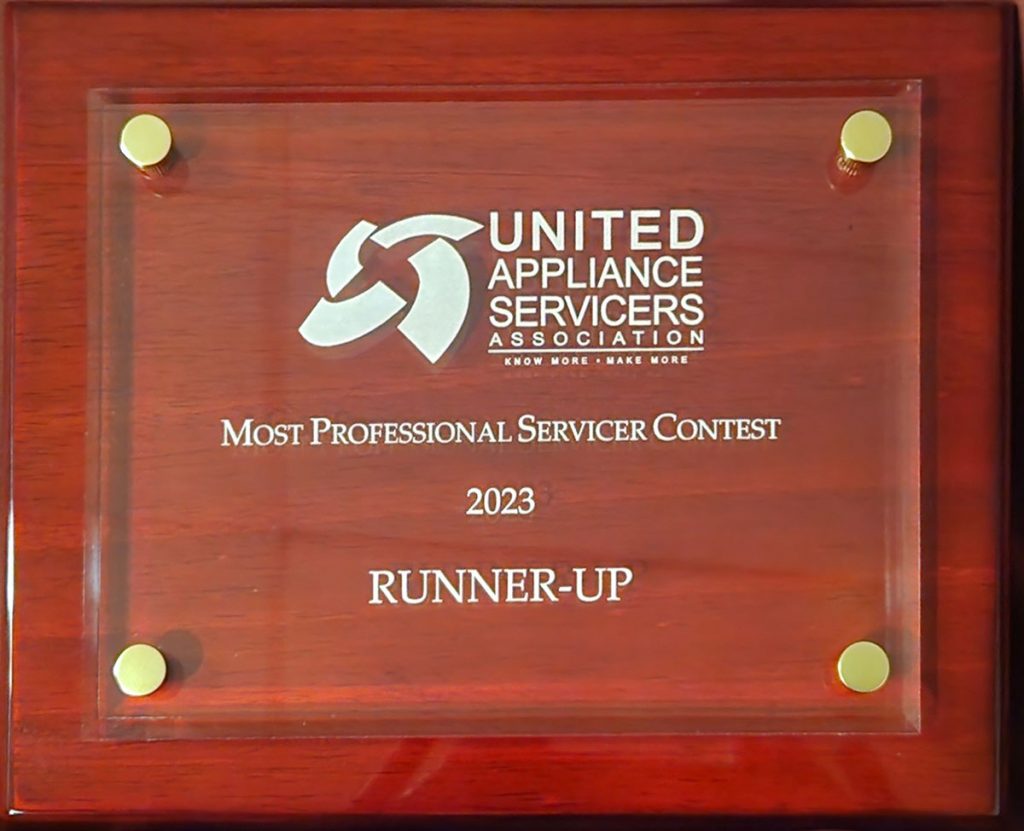 Award received by Derry Appliance Repair, naming them the 2023 runner up for the most professional service center. Awarded by the United Appliance Servicers Association.